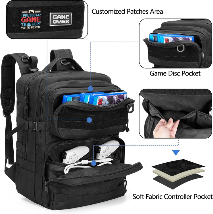 Sac à Dos de Jeu Tactique Compatible avec Console PS5/PS5 Slim/PS4, Sac de Rangement pour Ordinateur Portable 15,6", Moniteur Portable, Manette, Casque et Autres Accessoires de Jeu