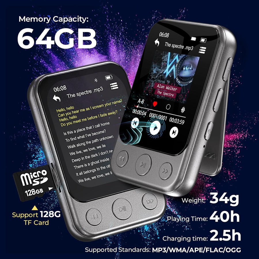 Lecteur MP3 64GB Bluetooth 5.3 avec Clip & Haut-Parleur, Lecteur de Musique Sport avec Écran Tactile et Boutons, Contrôle de Volume Indépendant, Radio FM, Extensible jusqu'à 128GB