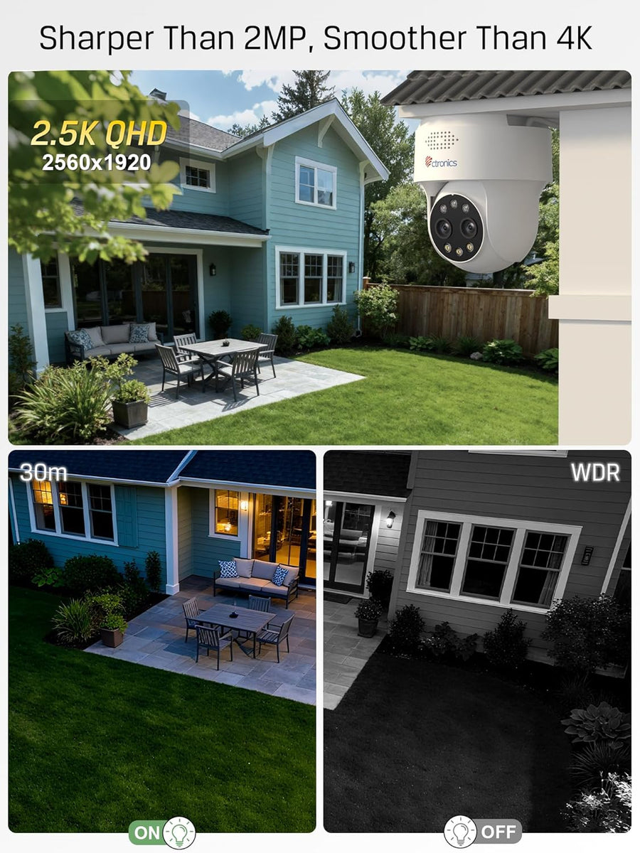 Caméra de Surveillance 4MP Double Objectif, Zoom Hybride 10×, Détection IA Personnes/Véhicules, Vision Nocturne Couleur & Infrarouge 30m, WiFi Double Bande, Étanche IP66, Accès à Distance