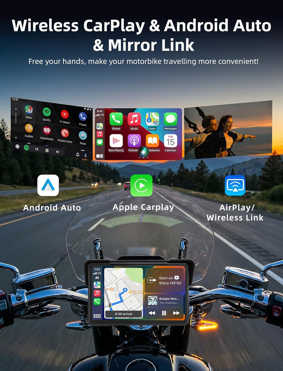 Carplay Moto 7 Pouces avec 2 Méthodes d'alimentation, GPS Moto Android Auto avec écran de Moto étanche 2,5D IPS, Double Assistant Bluetooth