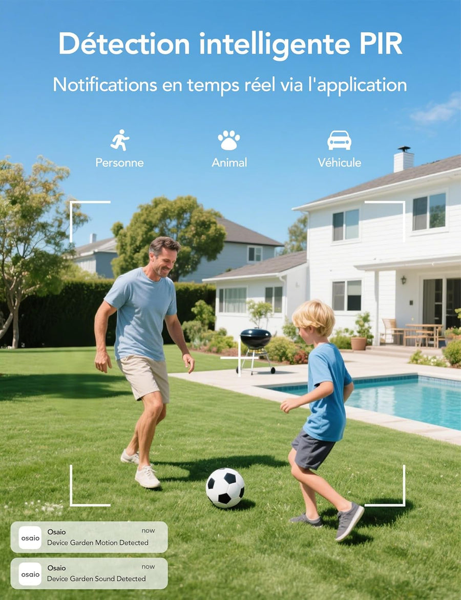 Caméra de sécurité solaire sans fil 2K, système de caméra de vidéosurveillance à batterie rechargeable, caméra de sécurité extérieure WiFi, vision nocturne en couleur, détection de mouvement PIR