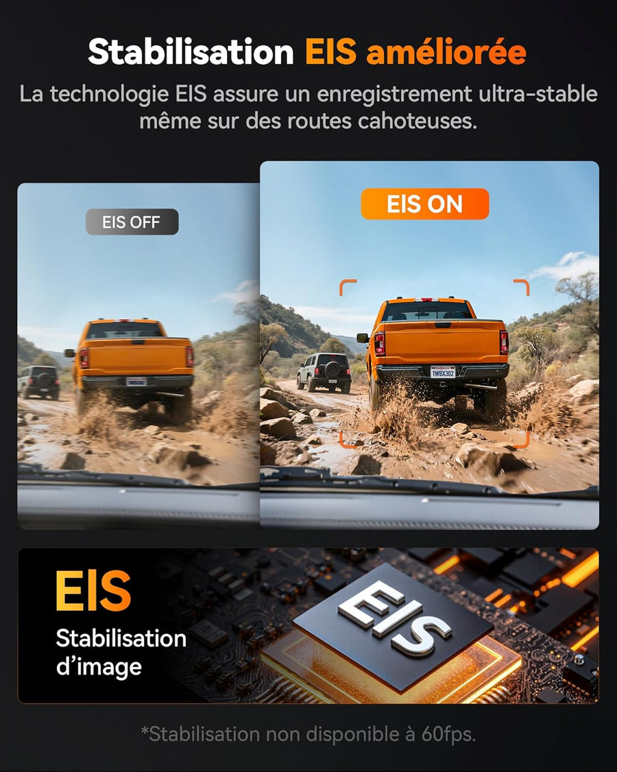 WOLFBOX X3 PRO Caméra embarquée pour voiture 1440P 60 fps + 1440P ADAS Caméra avant arrière Dual Starvis 2 IMX 675, stabilisation d'image avec WiFi 5,8 GHz, carte 64 Go et GPS inclus, commande vocale