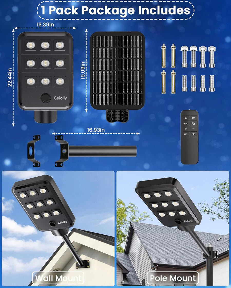 Lampadaire Solaire Exterieur, lumière solaire extérieure Crépuscule à l'Aube IP68 éclairage 6500K inondé LED étanche Projecteur Solaire Puissant pour Rue, Garage, Parking 9T