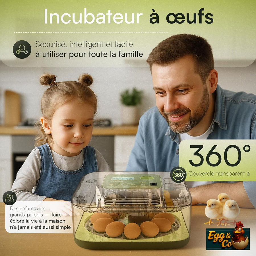Couveuse œuf automatique PREMIUM pour poussin de poule, caille, oie, canard, volaille, oiseau Incubateur œuf fiable gère seul température, humidité, retournement des œufs, éclosion des poussins