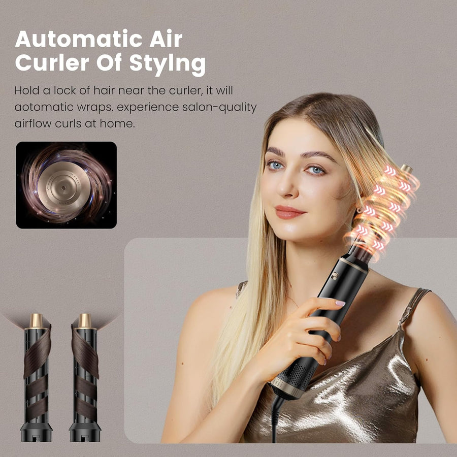 Seche Cheveux 5 en 1 Air Styler, Airbrush 5 en 1 avec Sèche Cheveux, Brosse Soufflante, Fer a Boucler, Air Brush, Brosse Lissante NOIR OR