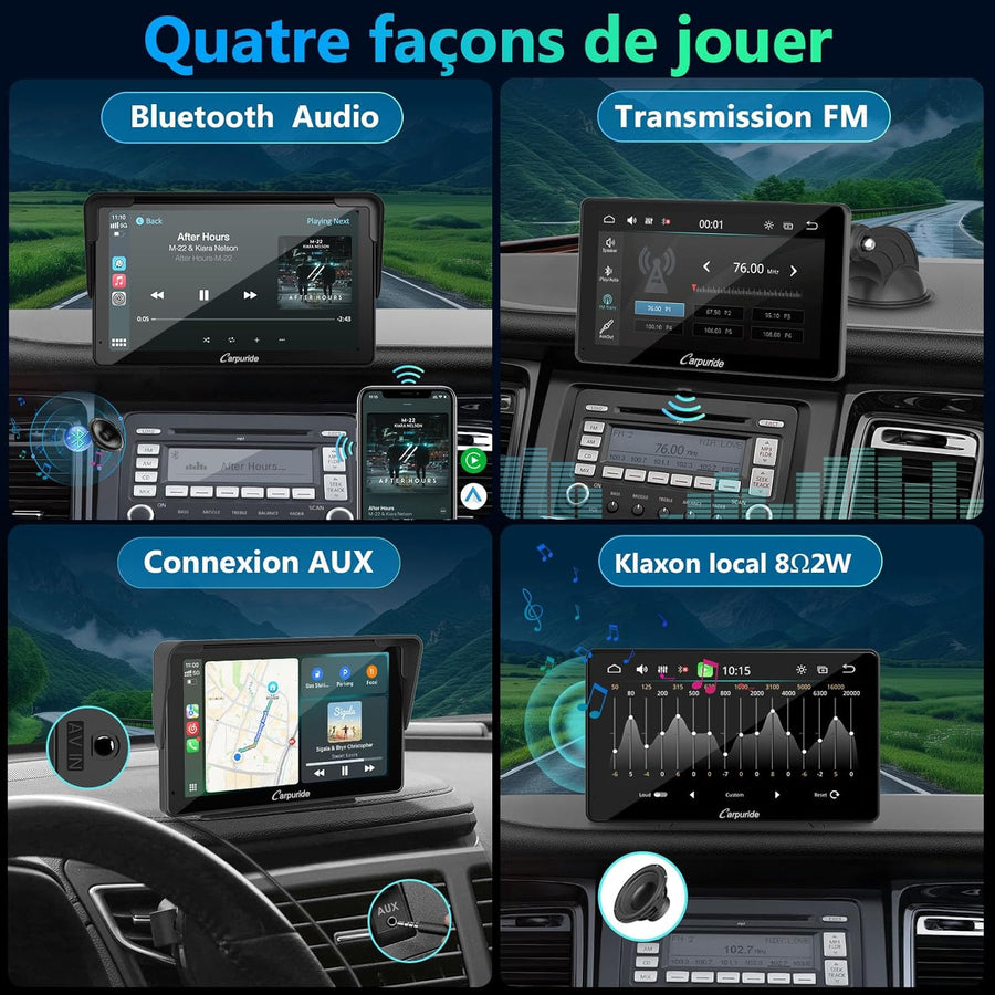 Écran Carplay Portable, Carpuride V3R sans il Airplay&Android Auto, écran Tactile HD 1080P 7 Pouces avec caméra de recul 720P réelle/BT 5.0/Mirror Link/Lecture USB/Puce de réduction du Bruit AUX