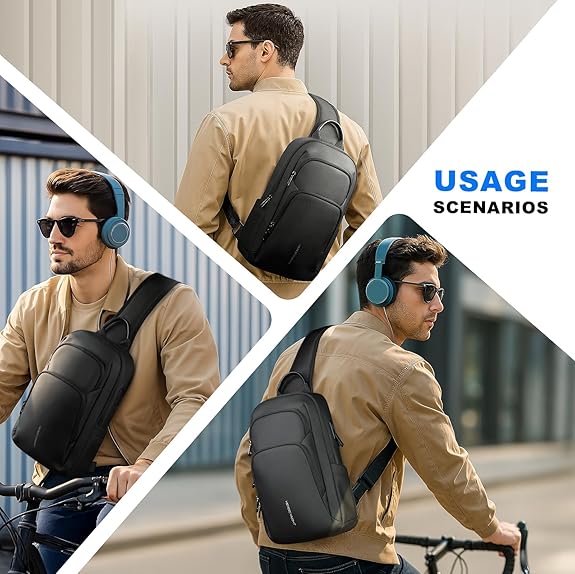 Sacoche Homme Bandouliere avec Port de Charge USB Imperméable Sac de Poitrine avec Pochette Latérale Léger Sac à Bandoulière Pour iPad 11.3" Antivol pour Voyage Travail Loisirs