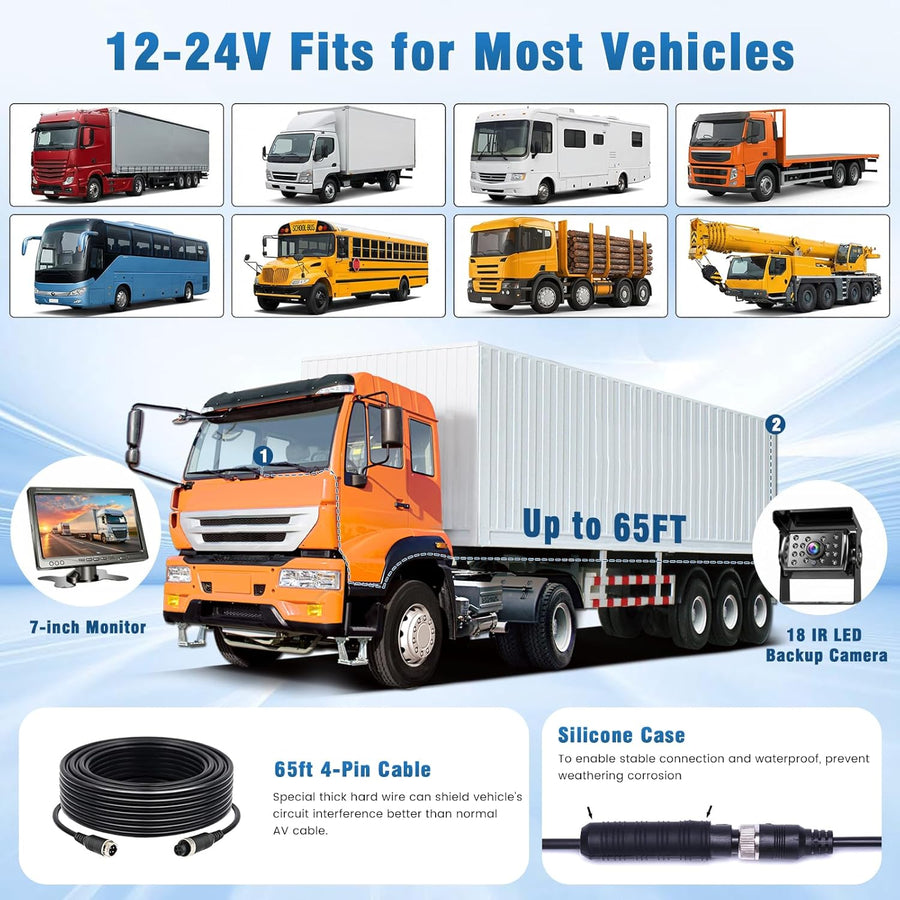 Caméra de Recul pour Voiture avec Moniteur LCD 7 Pouces,Camera de Recul IR Vision de Nuit étanche IP68 avec 20M Câble Caméra de Recul Kit pour Camping Car/Camion/Remorques/RV/Agricole/Motorhome,12-24V