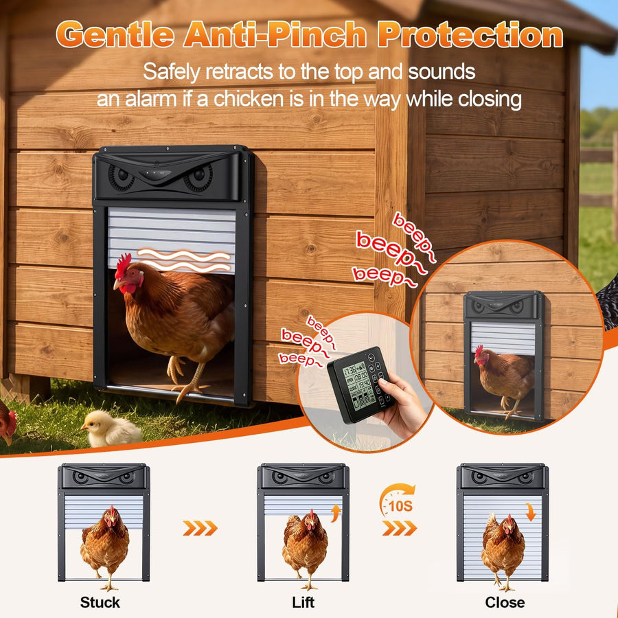 Porte Poulailler Automatique Solaire avec Contrôleur Étanche, Minuterie, Fonction Anti-pincement, Détection de Mouvement 120°