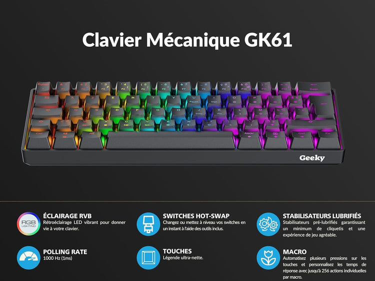 Clavier de Jeu Mécanique AZERTY 62 Touches Multicolores Rétroéclairées RGB LED pour Gaming