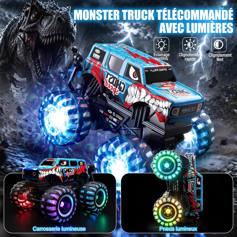 Monster Truck Dinosaure avec pneus lumineux, rotation à 360° et marche 100 min de temps de jeu, 1/20 monstertruck télécommandé avec musique, voiture télécommandée Dino 2,4 GHz à partir de 3 ans