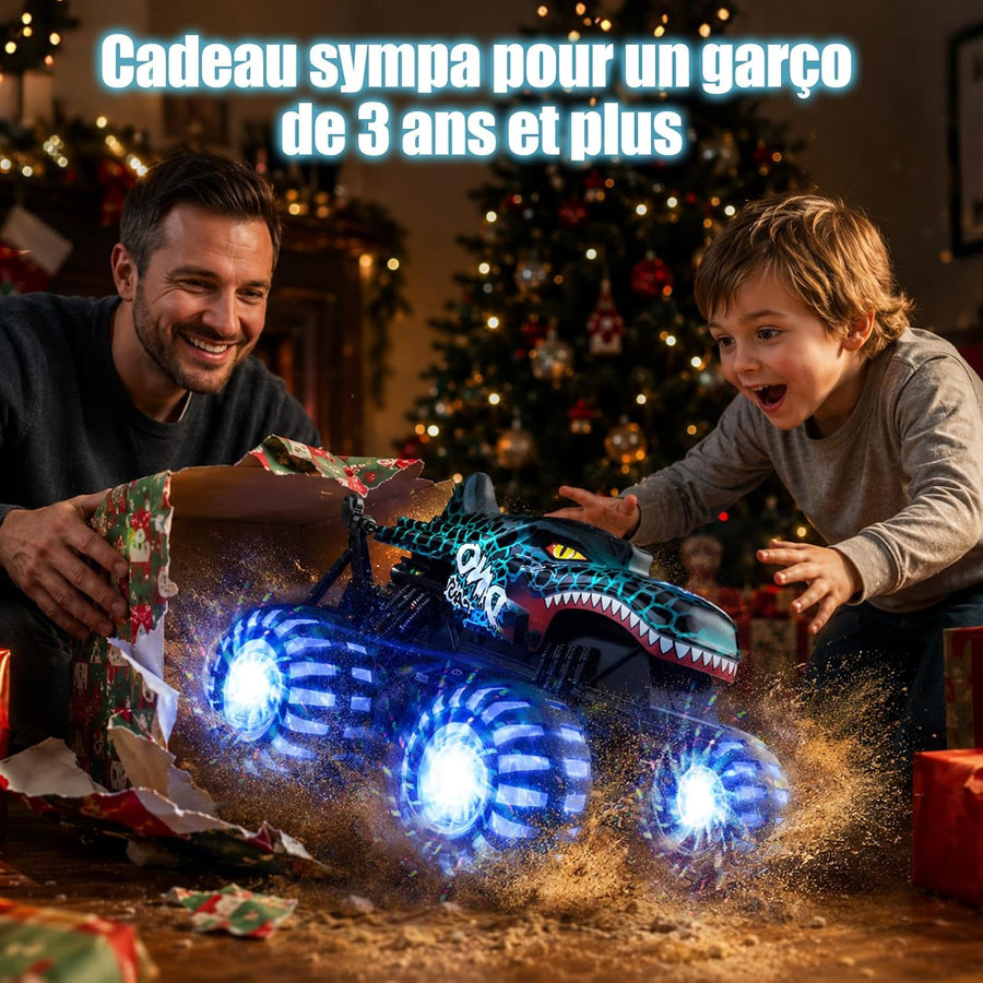 Voiture télécommandée, monstertruck télécommandée avec pneus lumineux et Monster Truck 2,4 GHz avec rotation à 360° et marche verticale, temps de jeu 100 min, jouet dinosaure 1/20 à partir de 3 ans