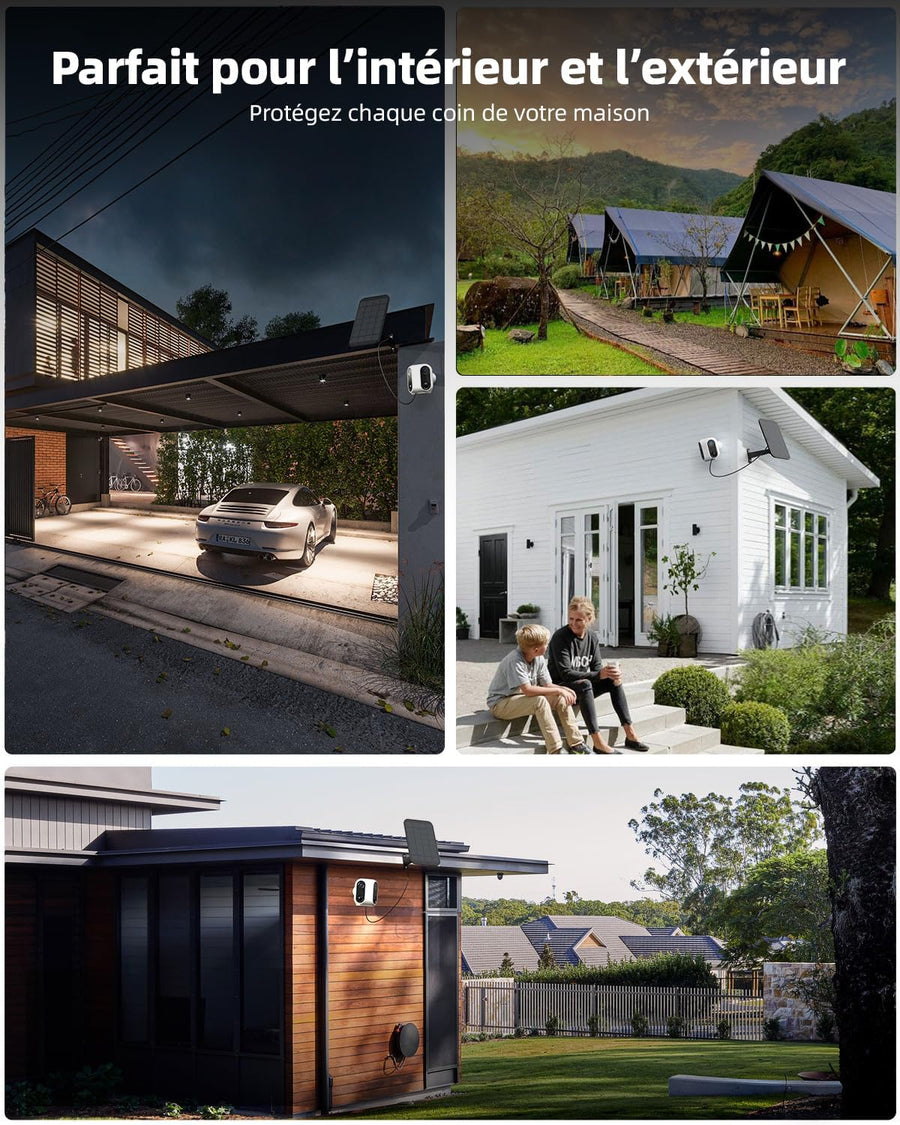 Caméra Surveillance Extérieure WiFi sans Fil, Solaire, Double Objectif & PIR, Vision Nocturne Couleur, Audio Bidirectionnel, Batterie, IP65, Stockage Cloud/SD BLANC