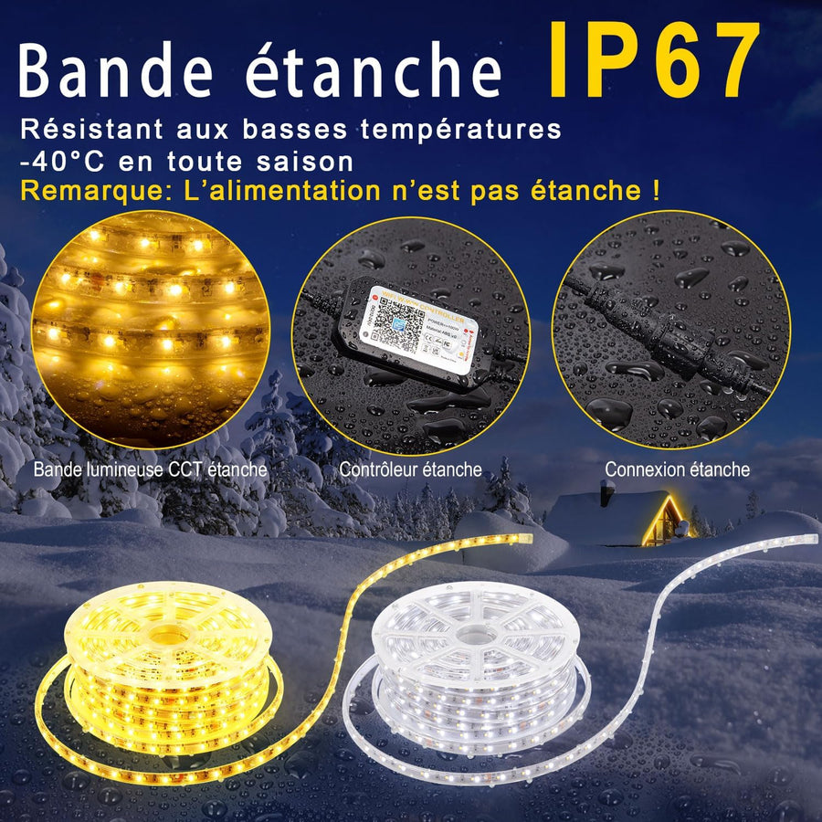Ruban LED 8m Exterieur IP67 Blanc Chaud à Blanc Froid Variable, Bande LED Compatible Alexa App & Eelecommande 24V, Etanche Bandeau LED Adhésif pour Eclairage Exterieur