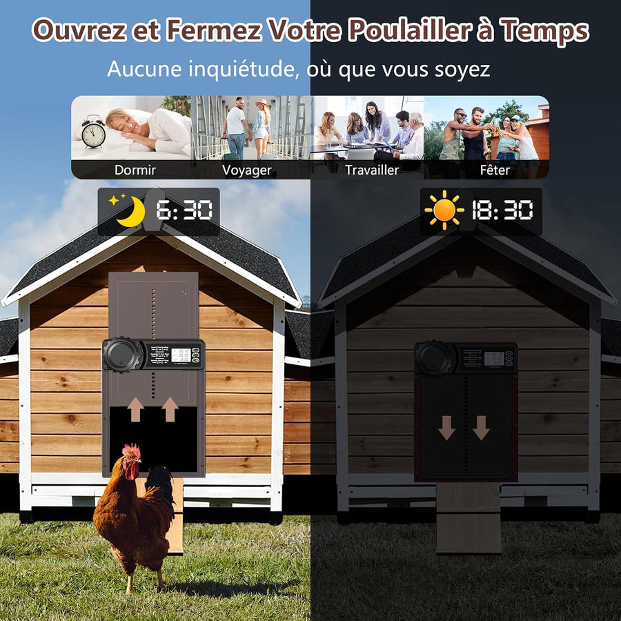 Porte Poulailler Automatique Batterie avec Minuterie Porte Automatique Poulailler en Aluminium avec Écran LCD Programmable Étanche, Fonction Anti-pincement, Ouvre-Porte Vertical