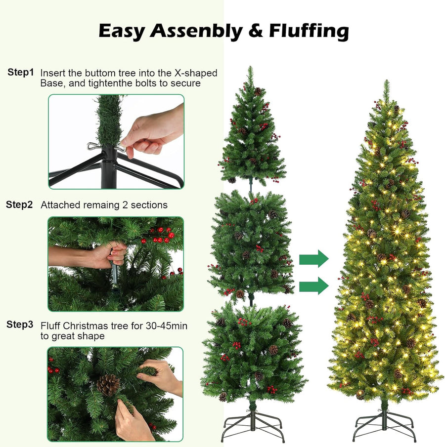 Sapin de Noël artificiel de 230 cm avec lumières LED chaudes et multicolores – Branches en PVC – Support métallique – Pommes de pin, baies rouges