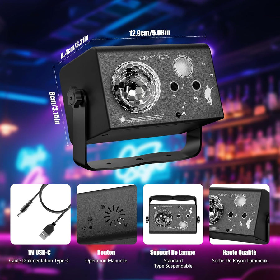 Jeux de Lumiere et Fête 3-en-1 avec Télécommande, Contrôle par Musique & Contrôle Vocal – Lumière Disco avec Stroboscope, LED RVB, Effet Boule Disco et 72 Motifs