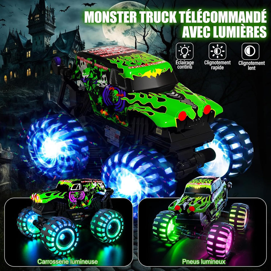 Monster Truck télécommandé avec pneus lumineux, rotation à 360°, cascade et Monstertruck télécommandé 1/20 avec 100 minutes de temps de jeu, 2,4 GHz, à partir de 3 ans