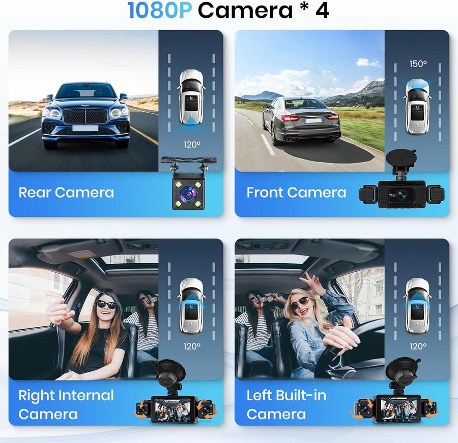 Dashcam Voiture 360° avec 5GHz WiFi, 4 Caméras Avant Arrière Intérieur Gauche, Nachtsicht Ohne Licht, Écran Tactile IPS 3", Enregistrement en Boucle, Capteur G,Contrôle Via Application