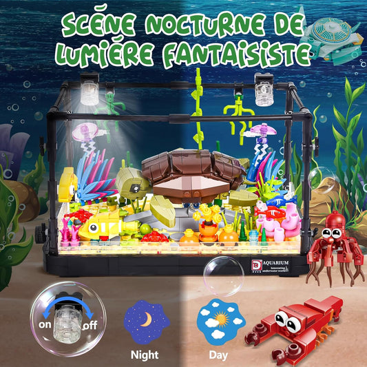 Jouet Enfant Blocs Construction Aquarium avec Lumière LED Compris Les Tortue en Mouvement