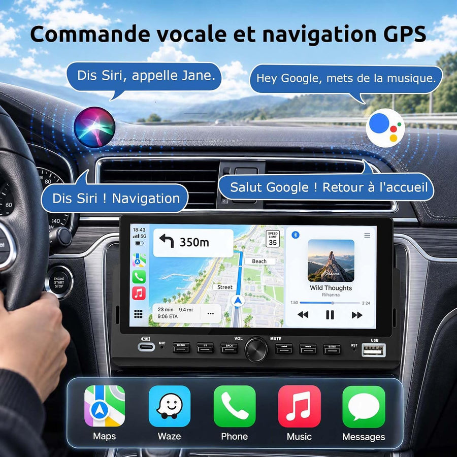Ecran CarPlay Autoradio 1 DIN 6,86" InCell, Android Auto sans Fil Trajets et Voyages Stationnement Facile Caméra 12 LED Touches Piano Bluetooth 5.0 FM Commandes Volant Type-C 4×45 W