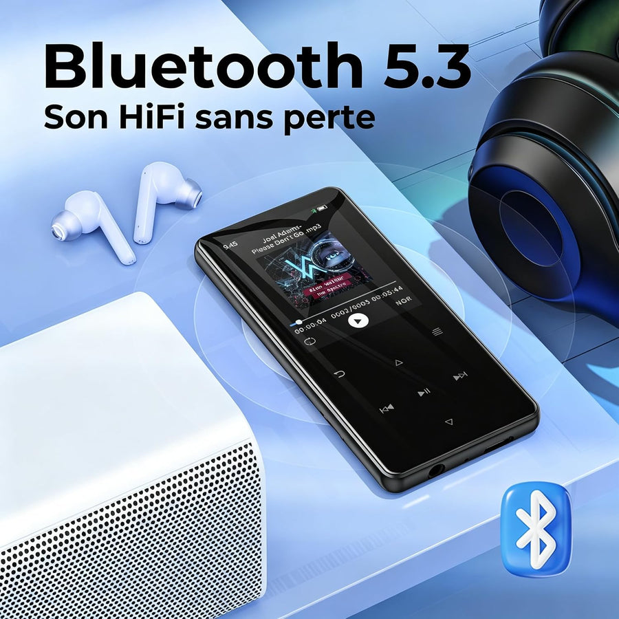 Lecteur MP3 64Go avec Bluetooth 5.3, Haut-Parleur intégré, Écran 2,4 Pouces Avec radio FM, enregistreur,Cadre central en métal,boutons tactiles, compatible avec les cartes mémoire jusqu'à 128 Go