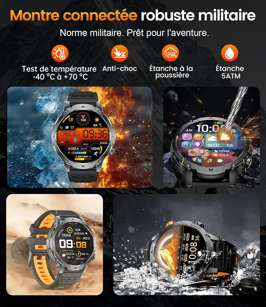 Montre Connectée Homme 3 Bracelet,1000mAh Longue Autonomie Batterie/1.7‘’ Grand Écran avec Appels/Lampe de Poche/IP68 Étanche Fréquence Cardiaque/Pédomètre,Smartwatch pour Android iOS