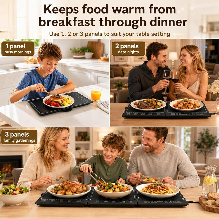 Chauffe-Plat Électrique Pliable en Verre,3-in-1 Chauffante Pliable avec Températures Réglables 30-120℃ et Minuteur 1-24H, Chauffe Plat Electrique Buffet pour Buffets Fête, Voyag Réunions