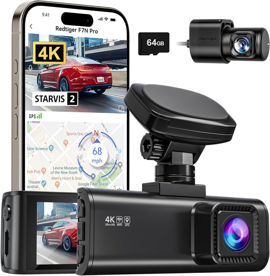 Dashcam Voiture Avant Arriere, STARVIS 2 Sensor with 64GB Card,4K/2.5K+1080P Dual Camera Voiture Built-in WiFi,GPS, 3.18" IPS, 170° Wide-Angle,24/7 Parking Surveillance, Loop Recording,WDR