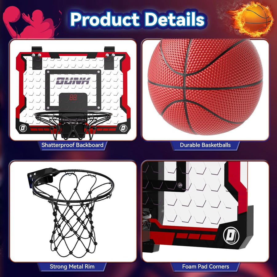Panier de Basket Interieur pour Enfants avec 4 Ballon de Basket, Panier de Basket Intérieur Mural avec Tableau d'affichage électronique et Lumière LED