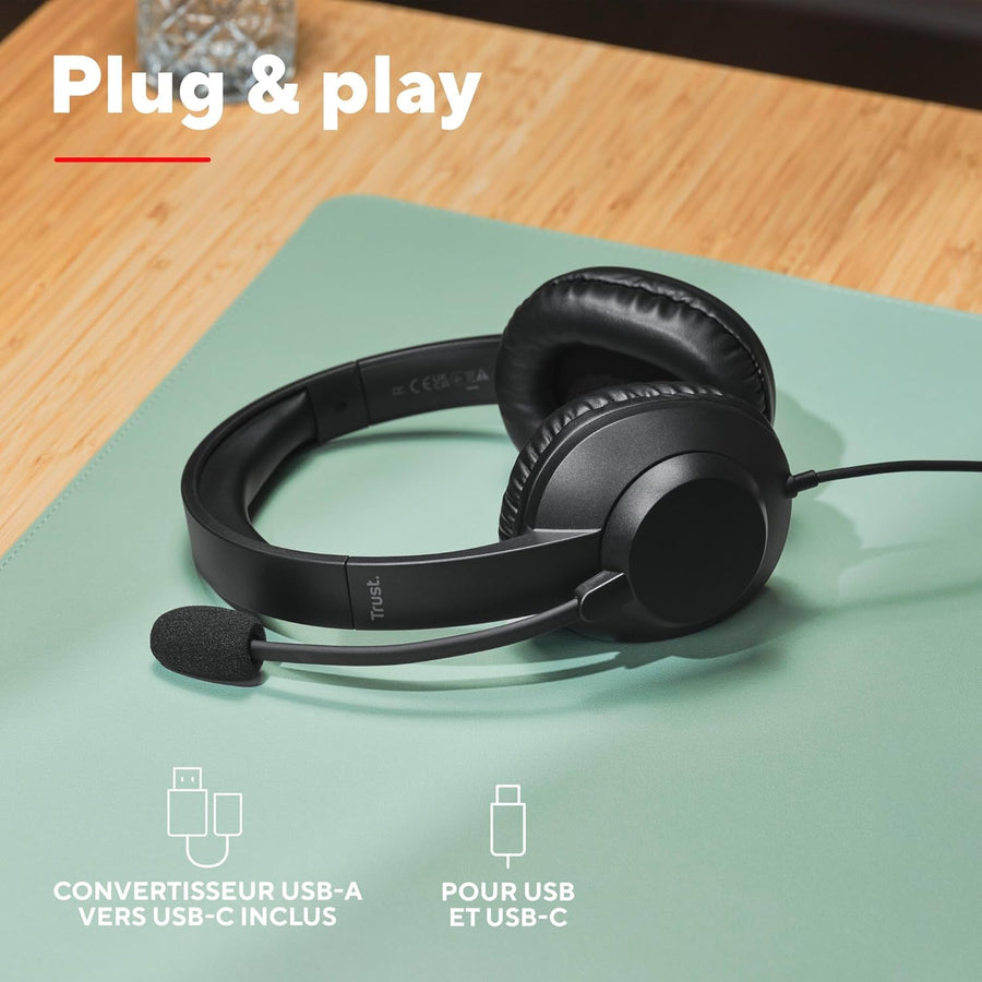 Trust Roha II Max Casque USB avec Micro Over Ear, Câble 1,8 m, 85% Plastiques Recyclés, Casque Audio PC Filaire USB-C pour Ordinateur Portable Bureau Teletravail Chat Zoom Teams NOIR