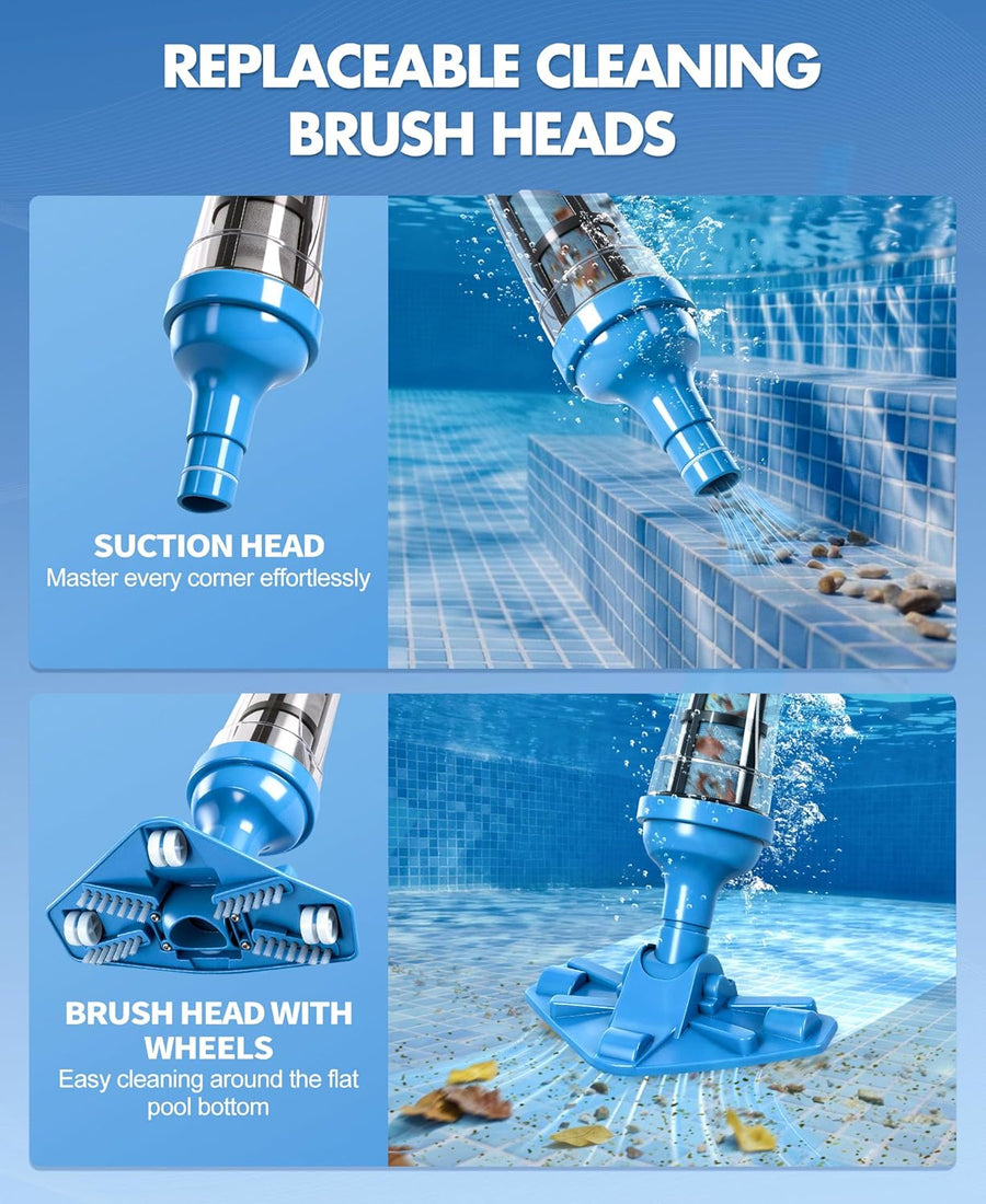 Aspirateur Piscine sans Fil avec Perche Rétractable, 60L/Min Aspirateur Spa Manuel Durée de Fonctionnement Jusqu'à 90 Minutes, 5200mAh Portable Rechargeable Balai Aspirateurs Piscine Hors Sol