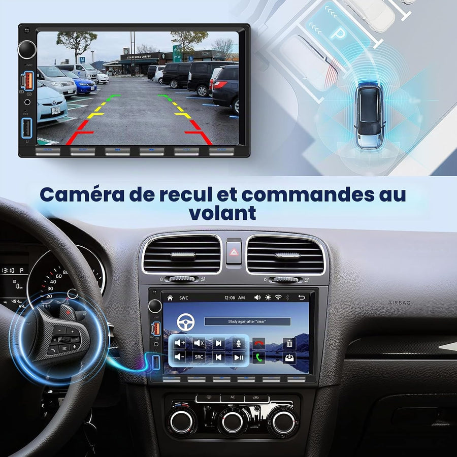 Ecran 2Din Autoradio avec Carplay sans Fil Android Auto, 7 Pouces Touches Piano 2 Din Écran Tactile Radio Voiture avec Bluetooth, Radio FM, EQ, Vidéo en Ligne, Mirror Link, USB/AUX/Type-C, SWC