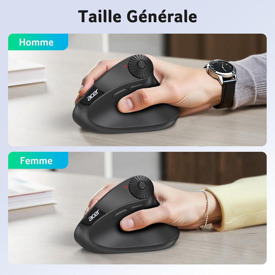 ACER Souris Ergonomique sans Fil avec Molette Défilement Latérale, Souris Verticale Bluetooth 4000 DPI (BT 5,2 + 2,4 GHz), Mouse Wireless, 8 Boutons, Récepteur USB pour iMac,PC