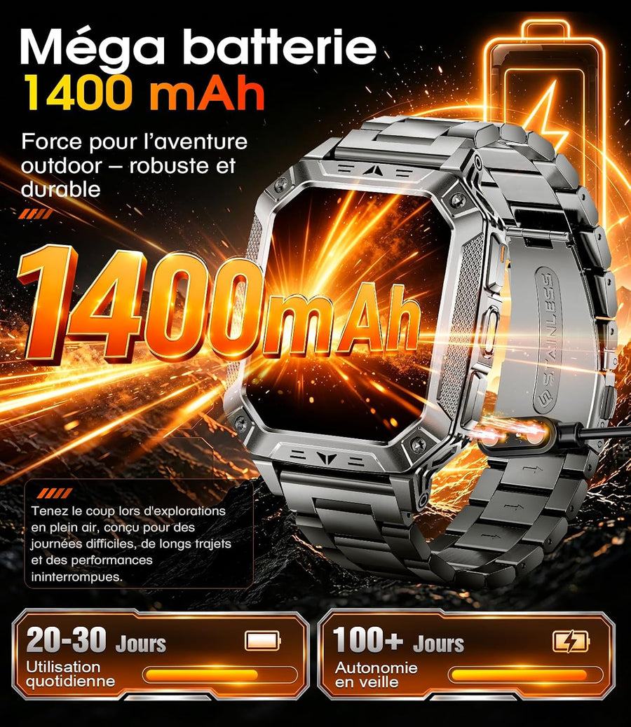 Montre Connectée Homme, 2.01'' Smartwatch avec LED Lampe, 100+ Modes Sportifs, Étanchéité IP68, Appels Bluetooth Smartwatch Militaire, Surveillance Cardiaque 24H,Sommeil, SpO2, Android/iOS