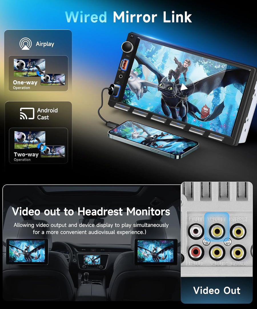 Autoradio 7" 2 Din avec carplay sans Fil Android Auto,Radio FM avec Blurtooth,navi GPS,2 USB/SD/AUX,vidéo en Ligne,Lien Miroir,Voiture à écran Tactile IPS avec caméra de recul/Touches Piano