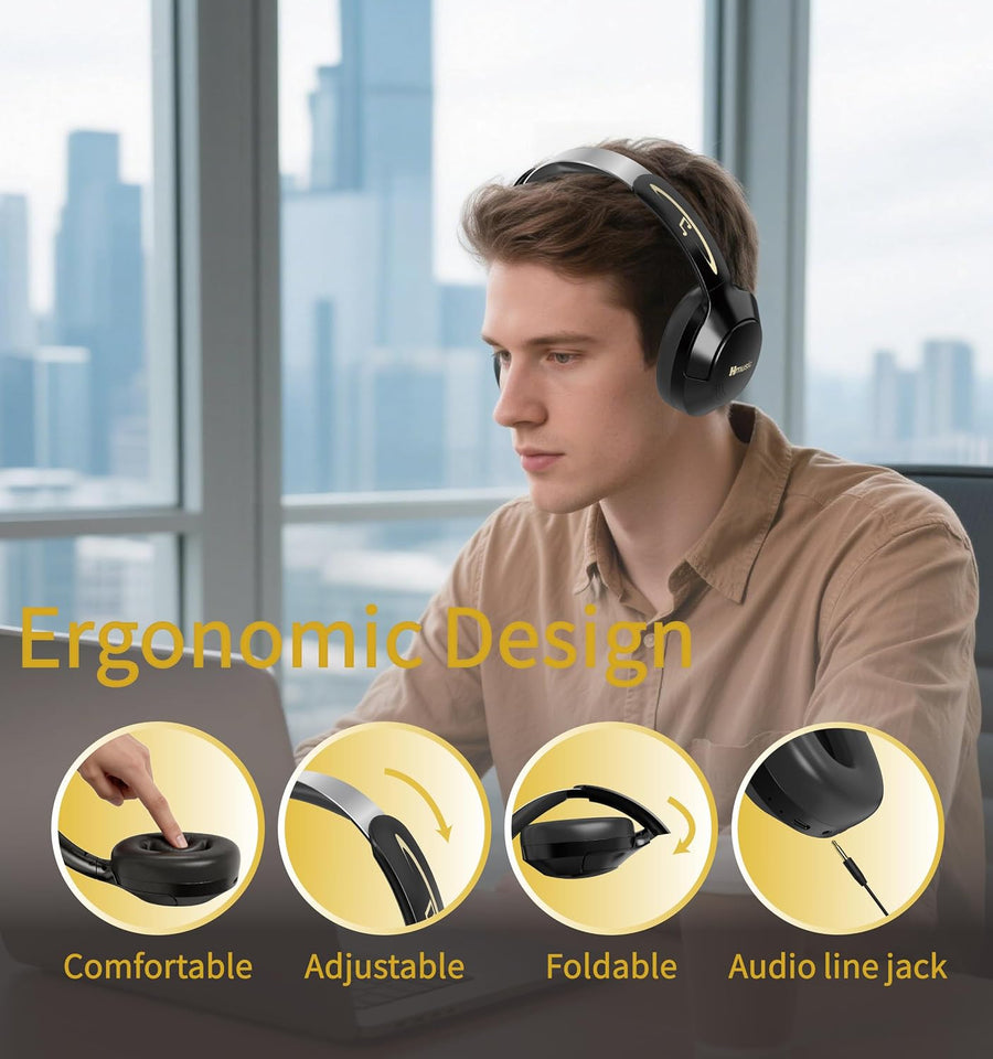 Casque Bluetooth sans Fil & Filaire, 115H d'autonomie Micro Intégré, Connexion Multipoint, Bluetooth 5.4, Câble 3.5mm, Son stéréo immersif, Confortable et Pliable, Rotation à 90°
