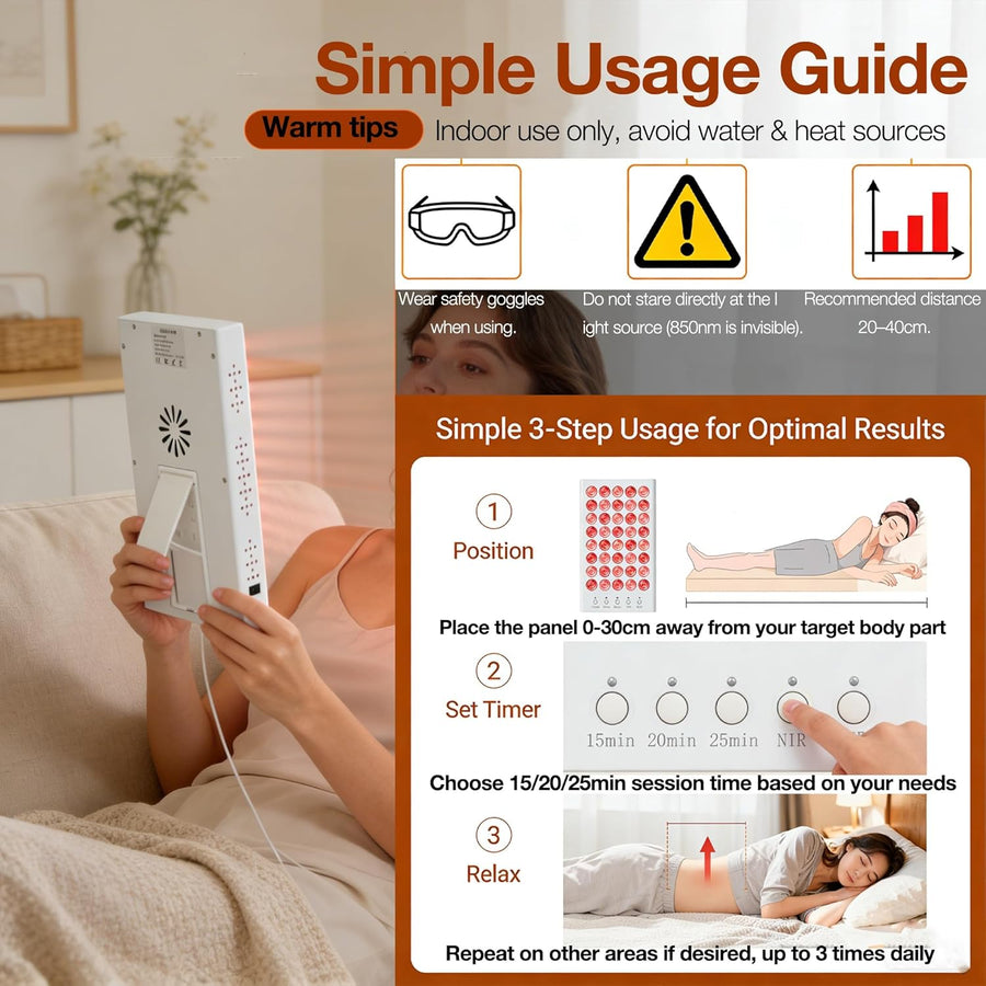 Panneau de lumière rouge - Double longueur d'onde LED 660 nm et 850 nm, avec support ajustable, 40 LED, minuterie 15/20/25 minutes, idéal pour la relaxation du visage et du corps