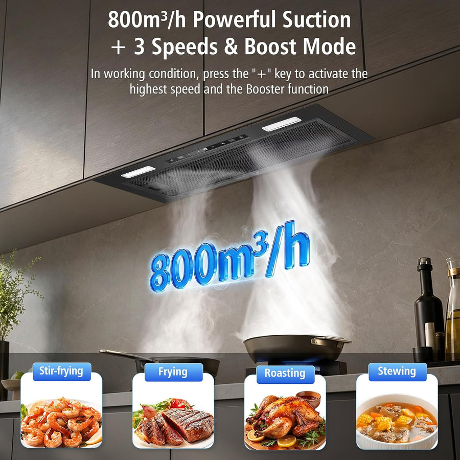 Hotte Aspirante Encastrable 52cm, A++,Commande Gestuelle,450m³/h Commande gestuelle, Tactile+Boost, Arrêt différé 5 min, A++, Moteur sans balais 55W,Filtres charbon incl., LED,Tuyau alu 2m