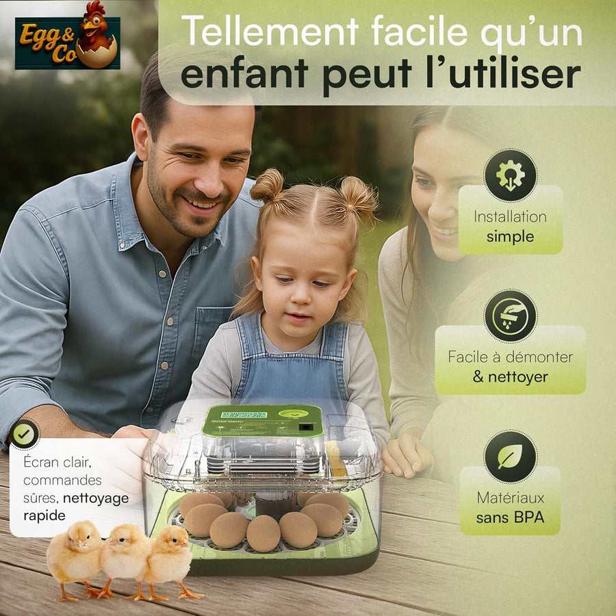 Couveuse œuf automatique PREMIUM pour poussin de poule, caille, oie, canard, volaille, oiseau Incubateur œuf fiable gère seul température, humidité, retournement des œufs, éclosion des poussins