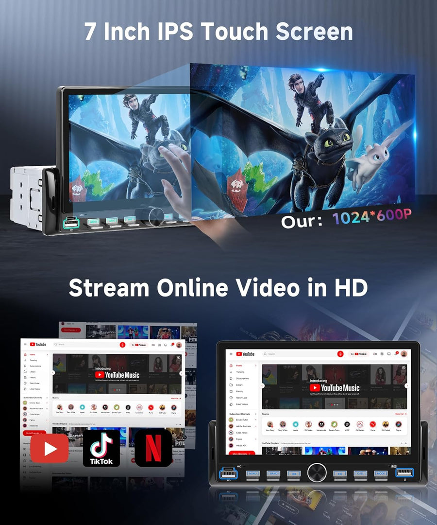 Autoradio 1 Din Touches de Piano avec Carplay Android Auto sans Fil, 7 Pouces IPS HD Écran Tactile Poste Radio Voiture Soutien Bluetooth Radio FM EQ USB/Type-C Mirror Link SWC Caméra de Recul