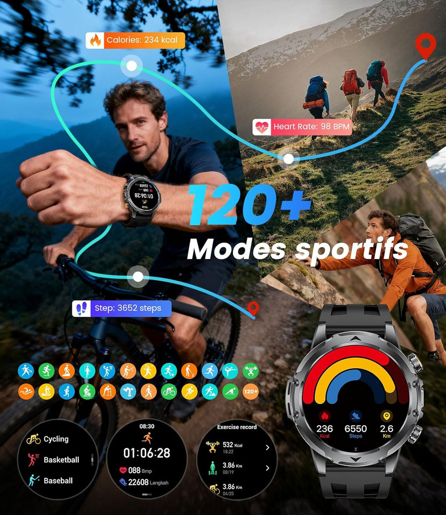 Montre Connectée Homme avec Appel Bluetooth, 1.53" HD AMOLED Smartwatch avec Batterie 1000 mAh(60+Standby Zeit)/Lampe de Poche/120+ Sportifs/Sommeil, IP68, Fitness Montre Connecté iOS Android