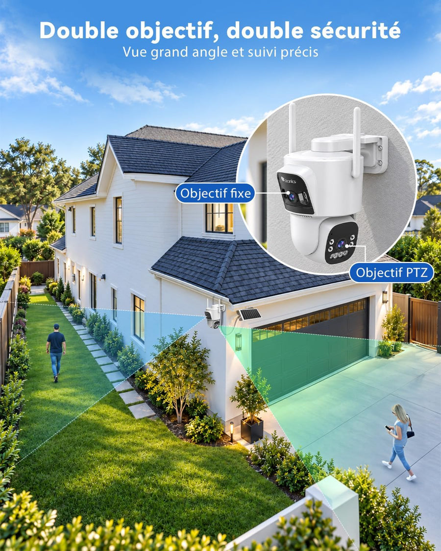 Camera Surveillance Solaire AOV Double Objectif,WiFi Extérieure 3MP+3MP Enregistrement 24/7, 8W & 15600mAh, 30m Détection Humaine Suivi Auto, Vision Nocturne, PTZ 355° IP66