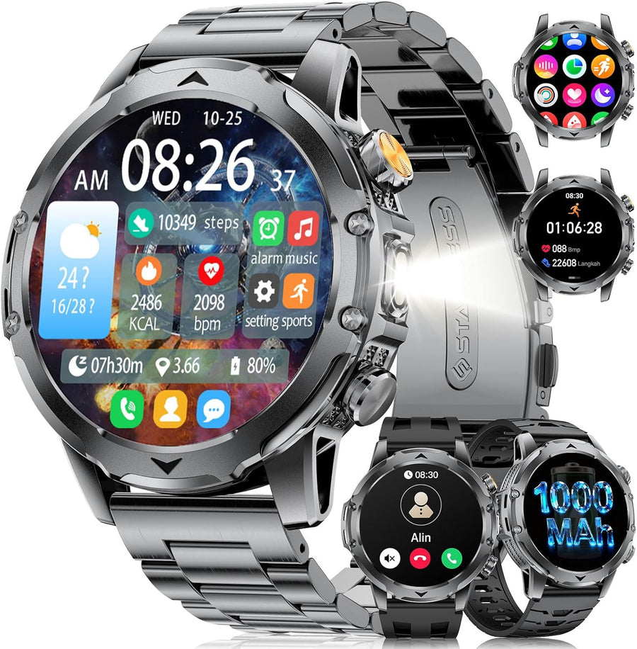 Montre Connectée Homme avec Appel Bluetooth, 1.53" HD AMOLED Smartwatch avec Batterie 1000 mAh(60+Standby Zeit)/Lampe de Poche/120+ Sportifs/Sommeil, IP68, Fitness Montre Connecté iOS Android