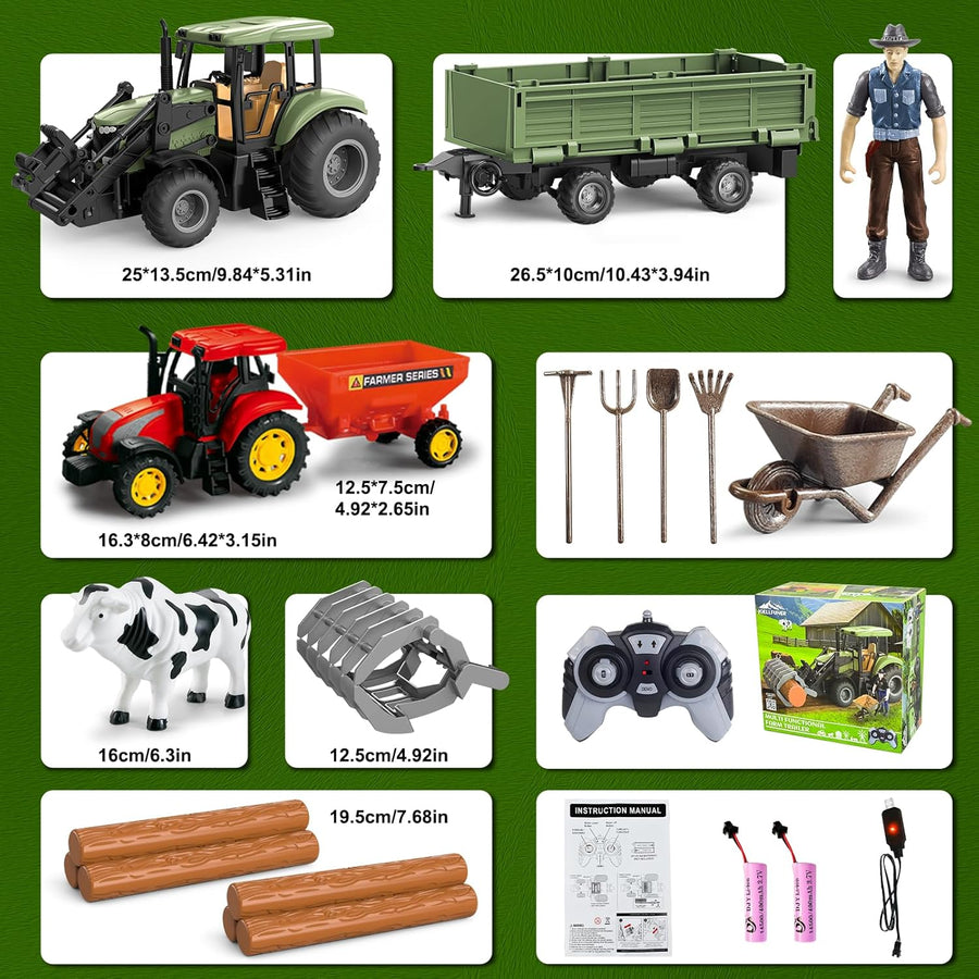 Tracteur Telecommandé Enfant, 6 Canaux Tracteur Télécommandé, Jouet Tracteur avec Grappin, Télécommande, Tracteur, Vache et Troncs d'arbre, Jouet Ferme