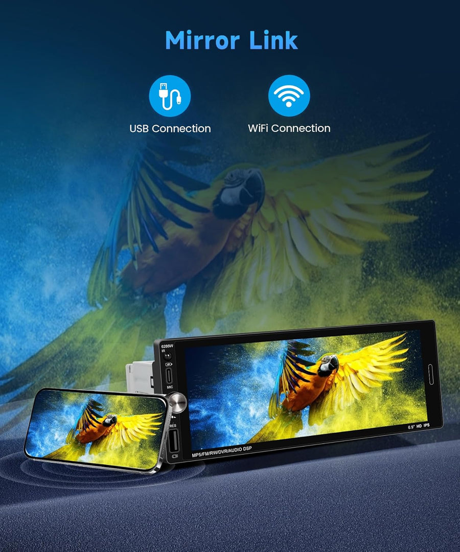 Autoradio 1DIN avec Wireless CarPlay & Android Auto,Autoradio 1 Din avec 6.9 Pouces IPS Touchscreen Mains Libres Bluetooth FM EQ Type-C USB Commande au Volant Caméra Recul Microphone
