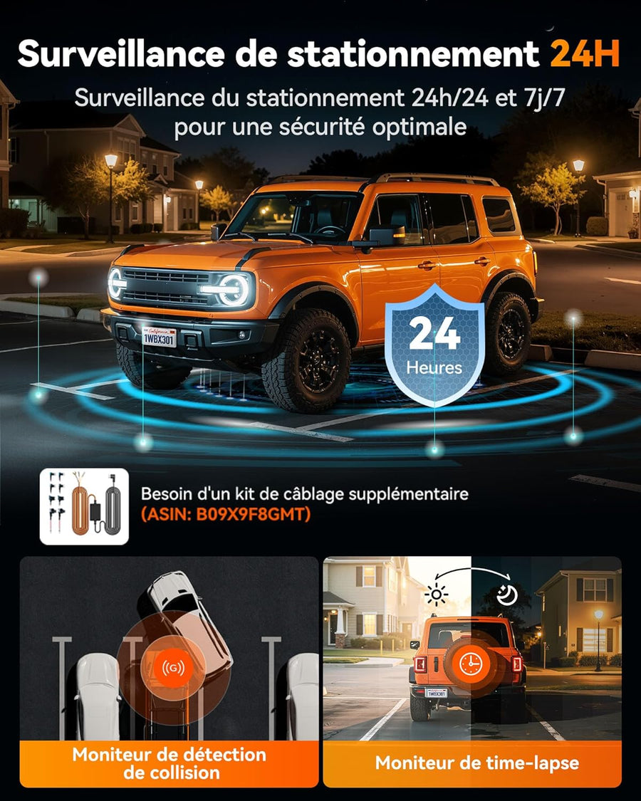 Dashcam Caméra embarquée 2,5 K 60 FPS 2,5 K + 1080P double caméra embarquée pour voiture avant arrière 5,8 GHz intégrée WiFi & GPS Carte 64 Go Écran tactile Capteur G Enregistrement