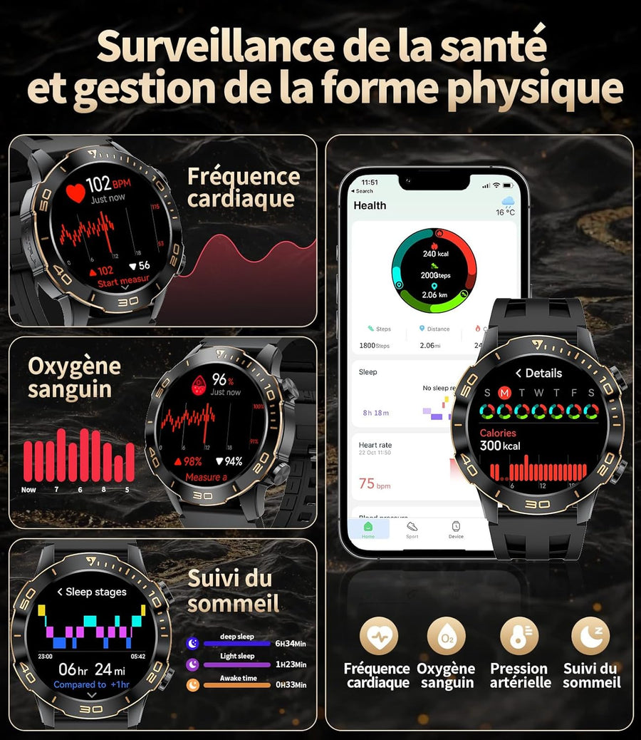 Montre Connectée Homme Militaire,1.43‘’ Grand Écran avec Appels/500mAh Longue Autonomie Batterie/Lampe de Poche/IP68 Étanche Fréquence Cardiaque/Pédomètre,2 Bracelet Smartwatch pour Android iOS