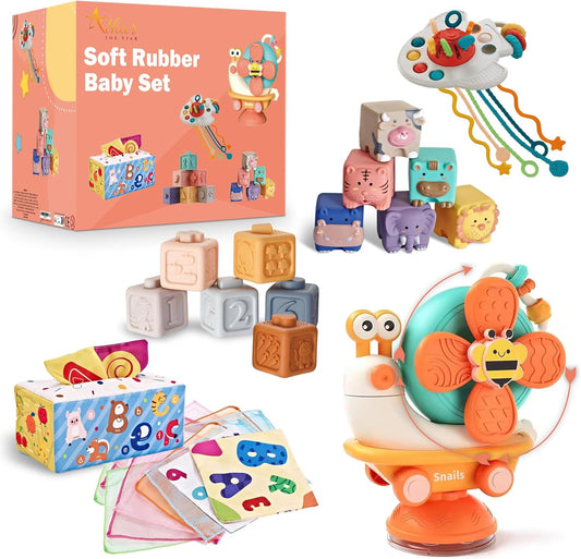 Set Jeux Bébé 6 Mois ÉVeil Blocs à Empiler Animaux à Encastrer BoîTe à Mouchoirs Alphabet Fusée Sensorielle et Balle Popper Jouet Montessori