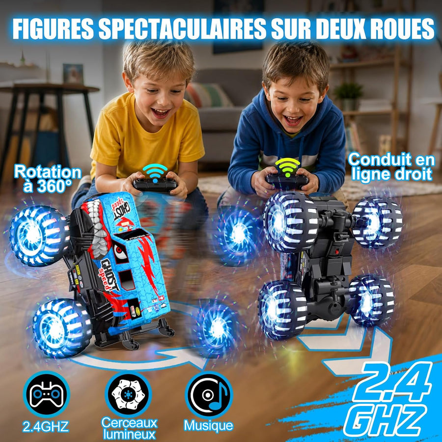 Monster Truck Dinosaure avec pneus lumineux, rotation à 360° et marche 100 min de temps de jeu, 1/20 monstertruck télécommandé avec musique, voiture télécommandée Dino 2,4 GHz à partir de 3 ans